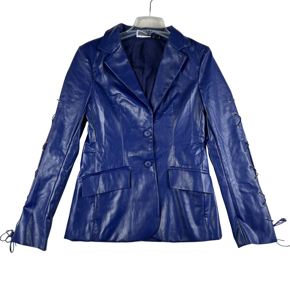 Reclaimed Vintage Blazer Womens 6 Blue Faux Leather Lace Up Sleeve Jacket Lined‎